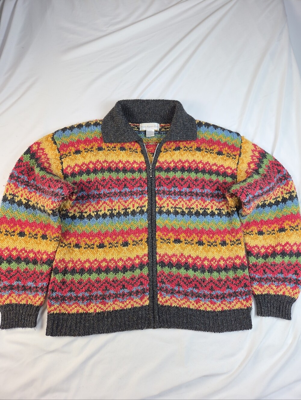 Paris Sport Club VTG Full Zip Fair Isle Cottagecore Wool Blendn Vibrant Sweater